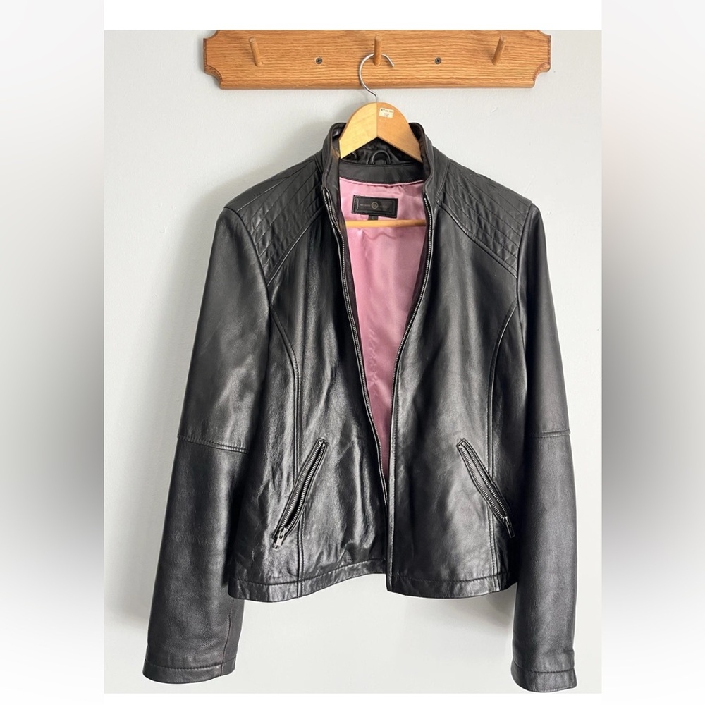 Wilson Black Leather motorcycle Jacket with Pink Lining zip sleeves L